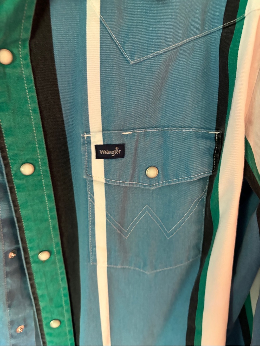 Wrangler Men’s Blue, Green & White Striped Button-Down Shirt Brushpopper